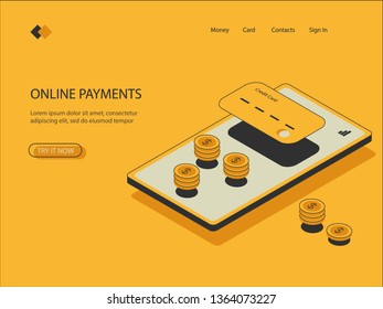 Isometric image of online payments, mobile phone, visualization of payment by credit card on the screen, money, vector.