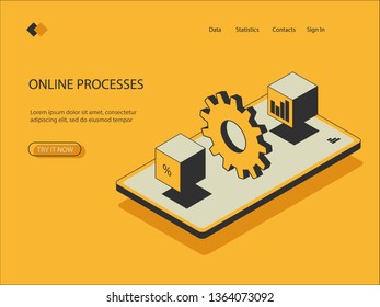 Isometric image of online processes, mobile phone, visualization on the screen of financial indicators, charts, percent, vector.