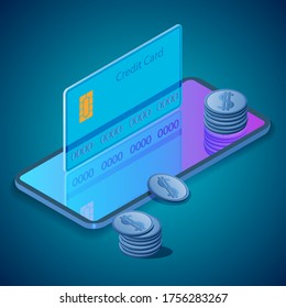 An isometric image of payments on a smartphone using NFC.Data security, protection from viruses and spies.Credit card smartphone and money.The concept of payment protection and security.