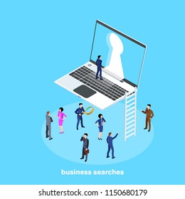 isometric image, people in business suits work in a team and a big laptop with a keyhole on the screen
