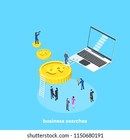 isometric image, people in business suits work in a team and a big gold coin with a dollar sign