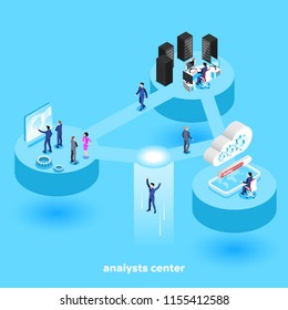 isometric image, people in business suits in the working environment in the analytical center, a futuristic office