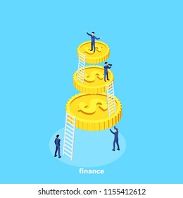 isometric image, people in business suits work in a team and a big gold coin with a dollar sign