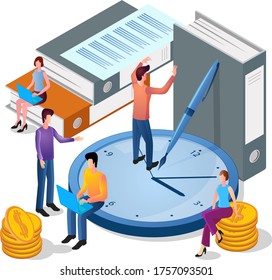 Isometric image people are doing office work.Time-management.Teamwork and time control.People, watches, folders, and papers.The concept of corporate communication.