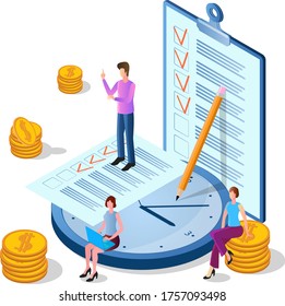 Isometric image of the people engaged in clerical work.Time-management.Teamwork and time control.People, watches, and papers.The concept of corporate communication.