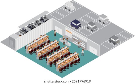 Isometric image of people in a pachinko parlor and a parking lot