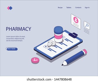 Isometric image of pharmacy and prescription. Visualization of the list of medicines with a pencil, a jar and a tablet. Can be used for banner, infographic, website. Vector illustration.