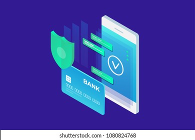 Isometric image of phone and Bank card on blue background. Concept of mobile payments, personal data protection. 3d flat design. Vector illustration.