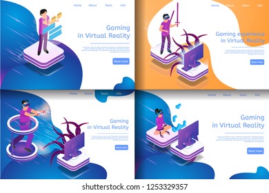 Isometric Image Process Virtual Game Communicating. Banner Set Illustration Gaming in Virtual Reality, Gaming Expirience in Virtual Reality. Group People Playing Video Game with Glasses for VR