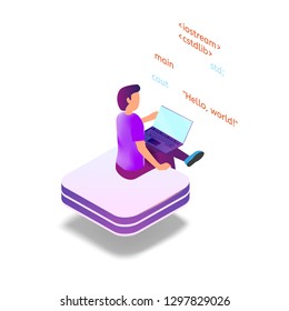 Isometric Image Programming in Augmented Reality. Vector Illustration Guy is Writing Software Code Using Laptop. Digital Technologies Future Business Process. Male Programmer. Internet.