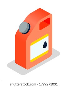 Isometric image of a red iron canister for gasoline or oil. Chemical fluid container. Chemically hazardous liquid petroleum product. Storage of combustible materials. Flat vector illustration isolated