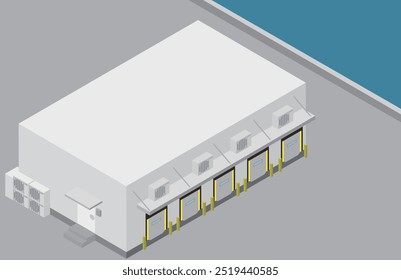 Isometric image of a refrigerated warehouse near the sea