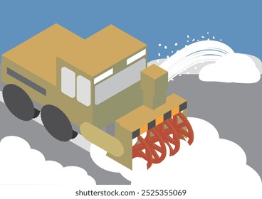 Isometric image of a rotary snowplow removing snow