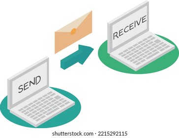 Isometric image of sending and receiving e-mail.