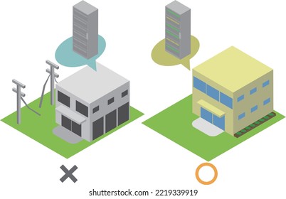 Isometric image of a server with BCP measures even if a power outage occurs