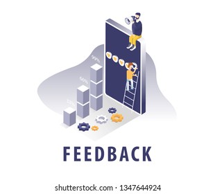 Isometric image with service feedback. People and objects in isometric. Concept illustration of a smartphone and its screens.