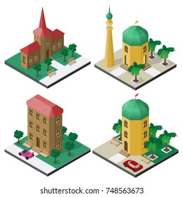 Isometric image set with public buildings, benches, trees and cars