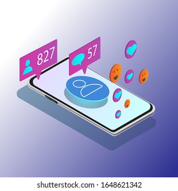 Isometric  image of smartphone on blue background. Illustration of social media engagement, SMM, website content promotion on Internet and social media can be use as banner, landing page,fly.