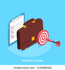 isometric image, a tablet with a document next to a business man's portfolio and a dart target