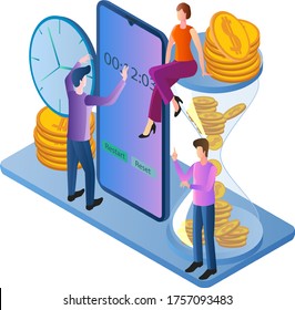 Isometric image of time control and clock reconciliation.Time management, workflow control.Teamwork and joint planning.People watch and money smartphone.Time is money.