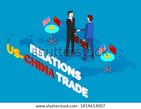 Isometric image of two business partners shaking hands, conclusion of contract. US and China trade relations. Table with american and chinese flag. Businessmen stand on conceptual blue world map