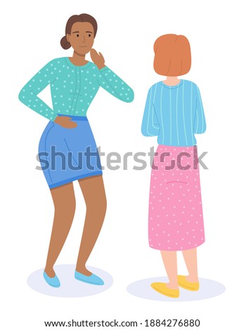 Isometric image of two standing women. Girl back view in long skirt talks to laughing girl in short skirt. Woman laughs and holds hand on her stomach. Females friends chatting. Two women gossiping