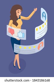 Isometric image of young female customer or manager, selects virtual goods in online store. Swipe on smartphone. Leave feedback, like, promote the product. Customer journey concept. Flat image on blue