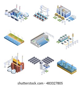 Isometric Images Set Of Different Types Of Electricity Generation Plants From Gas Turbine To Solar Isolated Vector Illustration 