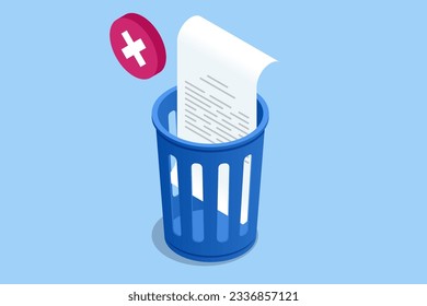 Isometric inbox organisation and clean-up, spam email envelopes with trash can. Browsing an email inbox full of spam messages.