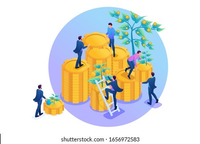 Isometric Income from investments, businessmen collect profits and reinvest money. Concept for web design
