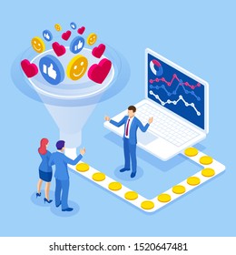 Isometric increasing conversion rates strategy. Data monetization, monetizing of data services, selling of data analysis concept.