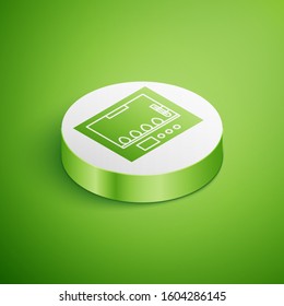 Isometric Incubator for eggs icon isolated on green background. White circle button. Vector Illustration