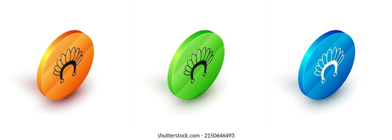 Isometric Indian headdress with feathers icon isolated on white background. Native american traditional headdress. Circle button. Vector