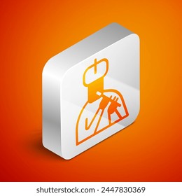 Isometric Indian man plays flute icon isolated on orange background. Artist playing Bansuri folk music of India. Silver square button. Vector