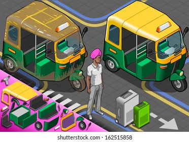 Isometric Indian Rickshaw. Delhi India Tuktuk Transport Person Vector 3D Sick Young People Isometric Tuk Tuk Transport Taxi Indian Rickshaw Delhi Transport Vector.