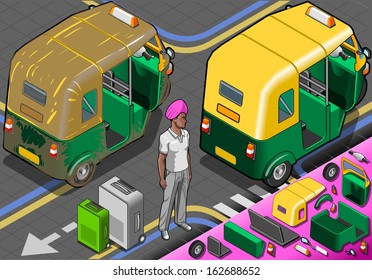 Isometric Indian Rickshaw In Rear View.