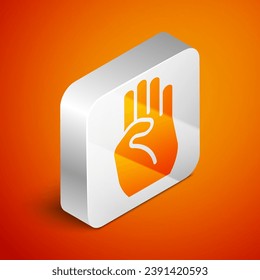 Isometric Indian symbol hand icon isolated on orange background. Silver square button. Vector