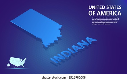 Isometric INDIANA State map on blue and glowing background. 3D Detailed Map in perspective with place for your text or description.Technology Information Graphic Elements for Website, app, UI, Travel