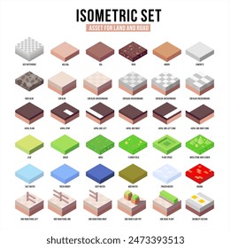 isometric individual asset design to build isometric graphic design for land, road, tiles, grass, water, and some custom