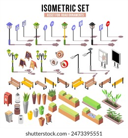 isometric individual asset design to build isometric graphic design for road and ornaments on it