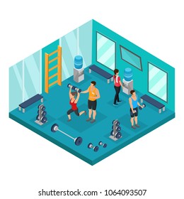 Isometric individual training concept with athletic people doing sport exercises with trainer in gym isolated vector illustration