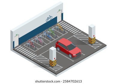 Isometric indoor parking facility with designated bicycle racks and a red car. The space is structured with road markings, pedestrian crossings, and security barriers for organized parking.