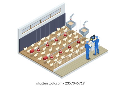 Isometric Indoors Chicken Farm, Chicken Feeding. Poultry Farm Web Banner