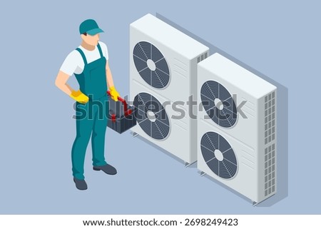 Isometric industrial air conditioning system with ventilation fans. Concept of HVAC technology, energy, and climate control. Technician with HVAC system