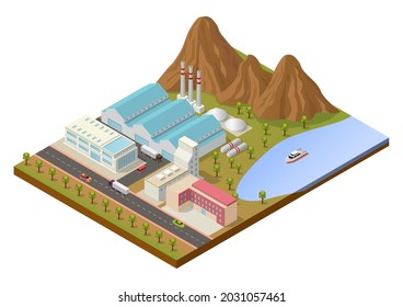 Isometric Industrial Area With Buildings And Mountain