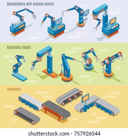 Isometric industrial automated factory horizontal banners with manipulators robotic arms and assembly line parts vector illustration