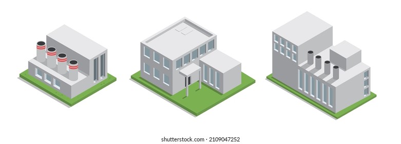 ilustración vectorial de la arquitectura isométrica de construcción industrial. gráfico 3d aislado de fábrica para infografías sobre producción 