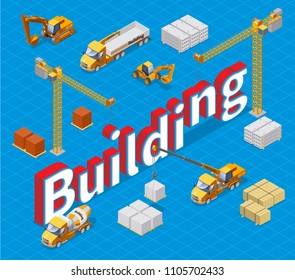 Isometric industrial building concept with different construction materials cranes concrete mixer cargo trucks and excavators isolated vector illustration