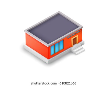Isometric industrial building model concept with colorful exterior on white background isolated vector illustration