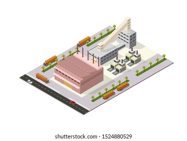 isometric Industrial buildings composition with view of the facilities vector illustration like chimney
